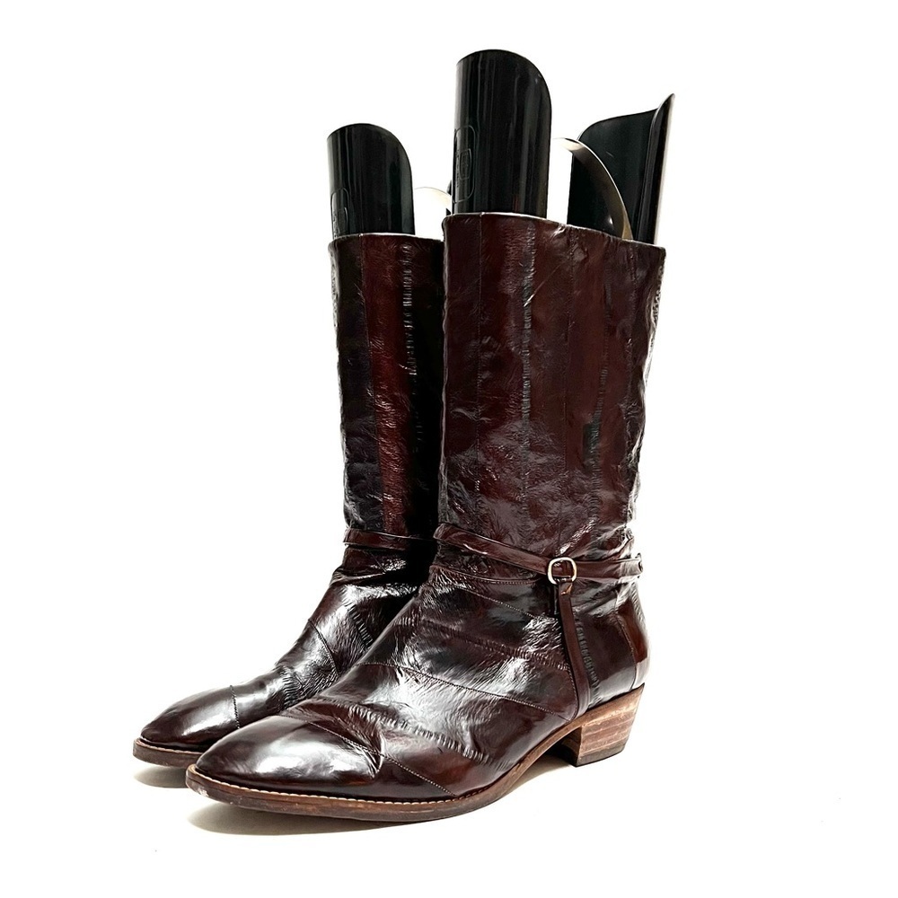 Vintage 1980s women’s dark chocolate brown eel skin leather mid calf boots